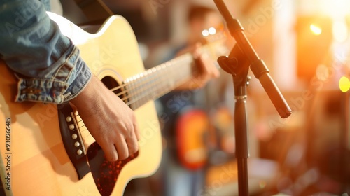 Acoustic Guitar Performance: A close-up shot of a musician's hands playing an acoustic guitar during a live performance. The image evokes a sense of passion, artistry, and the raw energy of music. 