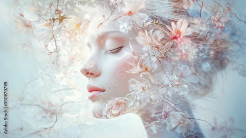 A serene portrait of a woman blended with floral elements, embodying beauty and tranquility in a dreamy, artistic composition.