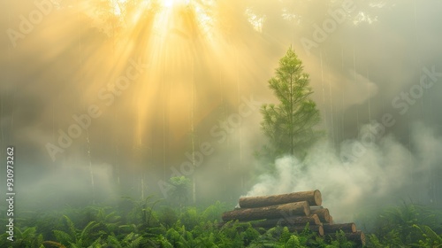 Sunlight Filtering Through Fog in Forest Clearing