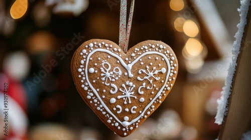 A beautifully decorated gingerbread heart cookie with intricate icing designs, hanging on a wooden stall at a Christmas market, evoking a warm and cheerful holiday spirit