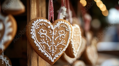 A beautifully decorated gingerbread heart cookie with intricate icing designs, hanging on a wooden stall at a Christmas market, evoking a warm and cheerful holiday spirit