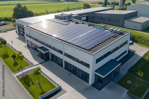 An aerial view of a modern industrial building with solar panels on the roof.