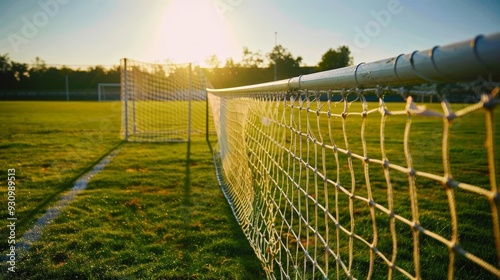 High-definition photo of football goal nets on a sunlit field.