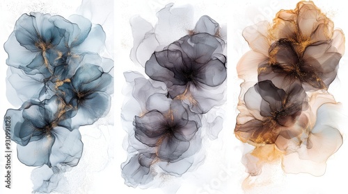 The collection features three stunning panels showcasing translucent flowers in an abstract alcohol ink style, perfect for enhancing modern decor and elevating interior design aesthetics