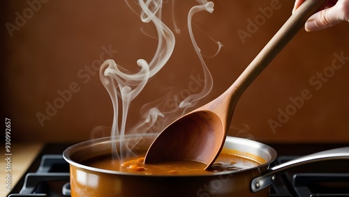 A worn honeybrown wooden spoon stirs a pot of steaming broth