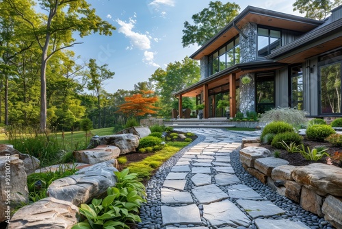 Springtime stone walkway to green home backyard, native plants garden with seamless nature integration