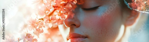 A serene close-up of a woman with delicate floral accents, capturing tranquility and beauty in a soft light.