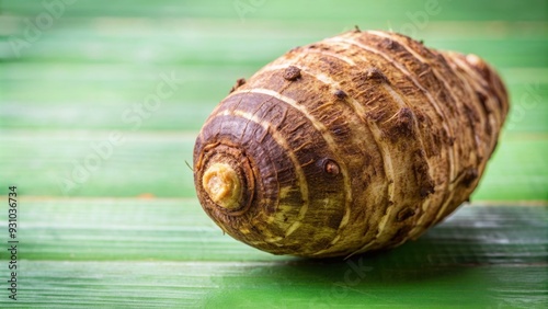 Closeup of taro root vegetable, eddo malanga, on green background, taro, root vegetable, eddo malanga, closeup