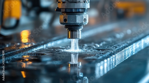 Abstract view of a high-pressure water jet cutting through thick materials with precision.