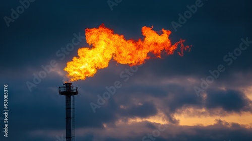 Gas flare stack with flames rising into a cloudy sky, focusing on the byproducts of oil extraction and processing.