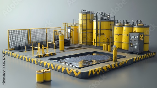 64. A toxic chemical spill containment area with absorbent materials and safety barriers