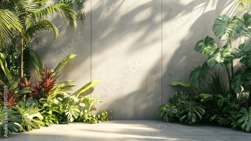 Empty exterior concrete wall adorned with tropical plants and soft sunlight casting gentle shadows, evoking a calm, modern garden setting.