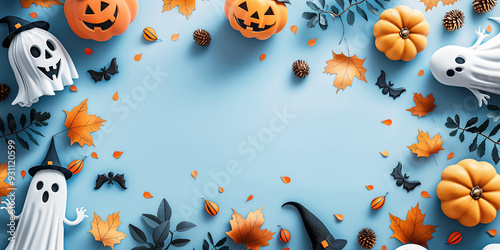 Witches, ghosts, pumpkins, animated Halloween background, cute blue theme 