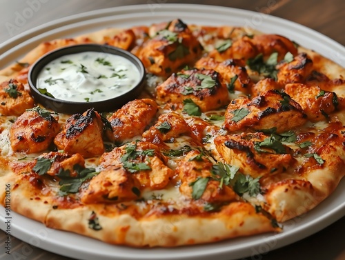 A plate of Indianstyle pizza with tandoori chicken, paneer, and cilantro, served with a yogurt dipping sauce, Tandoori pizza fusion, spicy and savory