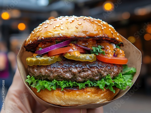 Closeup of a hand holding a juicy, freshly grilled burger with all the toppings, against a backdrop of a lively street, Street food burger, mouthwatering fast food