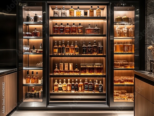 Private collection of boutique spirits in a sleek glass cabinet, soft ambient lighting, exclusive spirits display, luxury and rarity