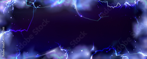 Frame from thunder lightning blue purple smoke on dark background. Natural energy border with thunderbolt light or electric energy sparkle. Realistic 3d vector storm flash power or magic wizard bg.