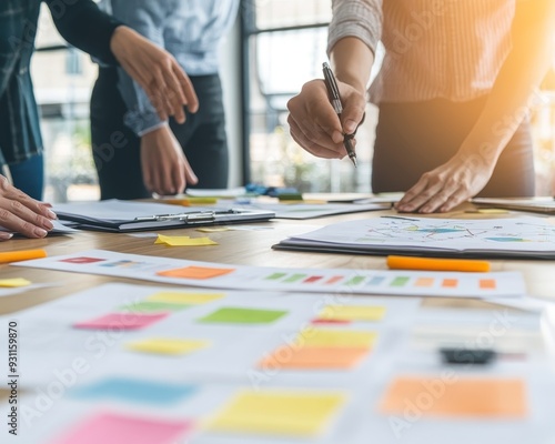 A team of professionals collaborates around a table, brainstorming and planning a project. They are using sticky notes, charts, and other tools to organize their ideas.