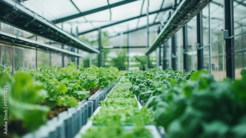 Rows of Fresh Green Lettuce Growing in a Greenhouse