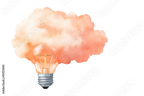 watercolor illustration of A creative of a light bulb with a colorful cloud isolated on a white background.