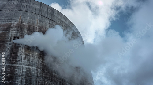 Close-up of a cooling tower, with water vapor rising and the concrete structure showing signs of wear