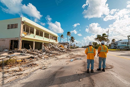 Two construction workers assess damage after a hurricane.