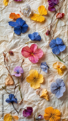 Colorful pressed flowers are artistically displayed on crumpled paper, creating a vibrant, textured design