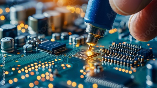 Close Up of a Soldering Iron Soldering a Microchip on a Circuit Board.