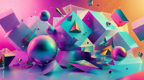 an abstract composition of intersecting 3D geometric shapes like cubes, spheres, and pyramids. vibrant colors and gradients, with dynamic lighting, abstract background wallpaper 