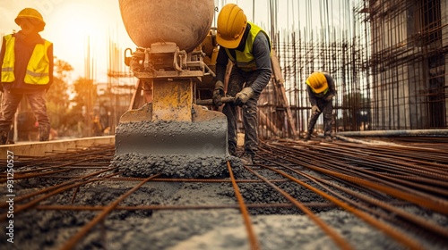 Workers in safety gear operating a concrete mixer at a construction site with rebar and formwork visible