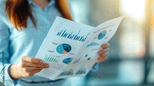 Close-up of a businesswoman's hands holding a document with profit projections and financial success metrics.