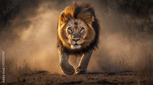 A lion on the prowl with focused eyes and a confident stride ready to hunt