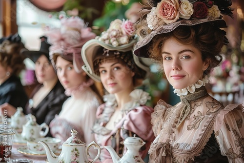 Elegant women in vintage hats and dresses enjoying afternoon tea, with a focus on one woman with a floral hat and lace dress.