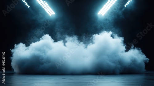 Smoke-filled nightclub stage with strobing lights.