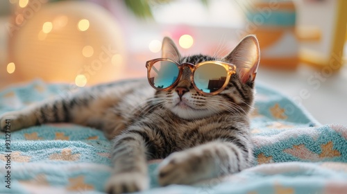 a cat wearing sunglasses lying lazily on a beach towel