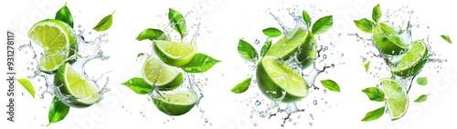 Set of fresh delicious limes splashing with leaves, cut out