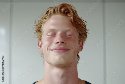 Serene young man with eyes closed smiling gently symbolizing inner peace calmness and the contentment of mindfulness in a tranquil setting