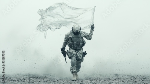 Transformation of Violence: Soldier Holding Weapon Morphs into White Flag of Surrender, Generative Ai