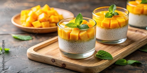 Close-up of refreshing mango sago dessert with mint and fresh mango slices on a wooden tray, mango, sago, dessert, fresh