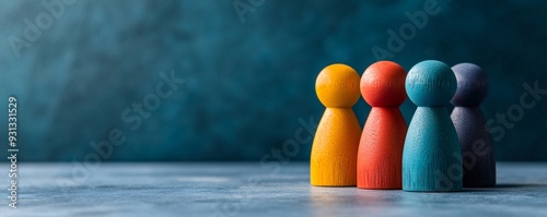 Colorful Wooden Figures on Blue Background.