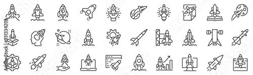 Set of 30 outline icons related to rocket. Linear icon collection. Editable stroke. Vector illustration