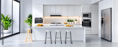 Monochrome kitchen with hidden appliances and smooth surfaces. minimalist,