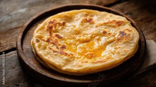 A serving of hot, fluffy puran poli with ghee, with blank space on the side for copy