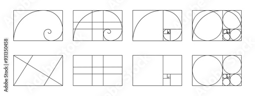 Set of golden ratio templates. Fibonacci sequence grids. Logarithmic spiral in rectangle frame divided on lines, squares and circles. Ideal symmetry proportions layouts. Vector graphic illustration.