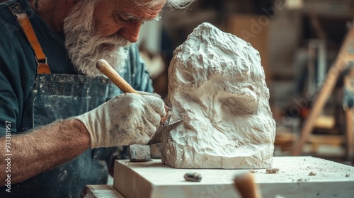 A sculptor intently chisels a stone block, revealing intricate details in the workshop filled with creative energy