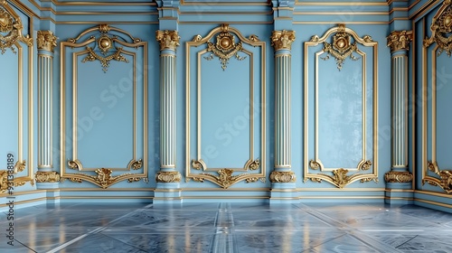 Luxury room interior with golden molding decor and blue wall in vintage style Classical architecture background mockup : Generative AI