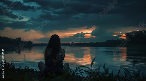 A lonely person sitting at a bank of a wide river after sunset lonely lady bad mood depressed mood depressed woman red sky dark clouds feeling blue : Generative AI