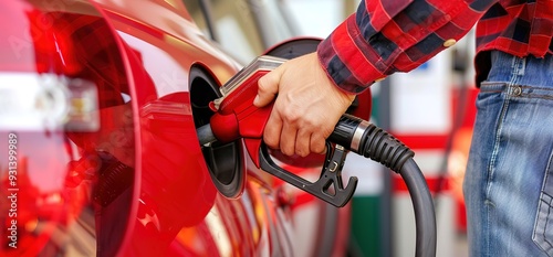 Close up of a man filling up his red car with fuel at a gas station.