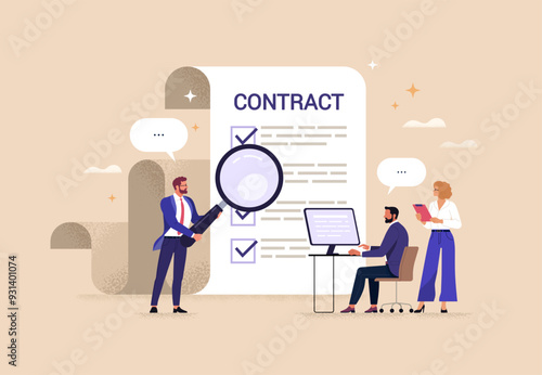 Employee Contract Concept. Vector illustration in flat style of a group of people in business suits writing and discussing a document with contract clauses. Isolated on background 