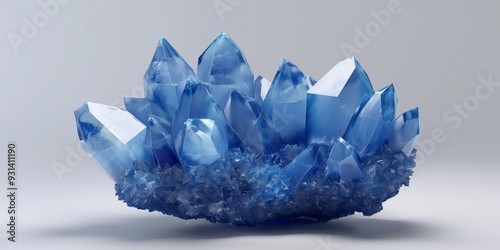 A blue crystal formation sits on a white surface. The blue color of the crystal is very bright and stands out against the white background. The crystal formation has a unique and intricate shape